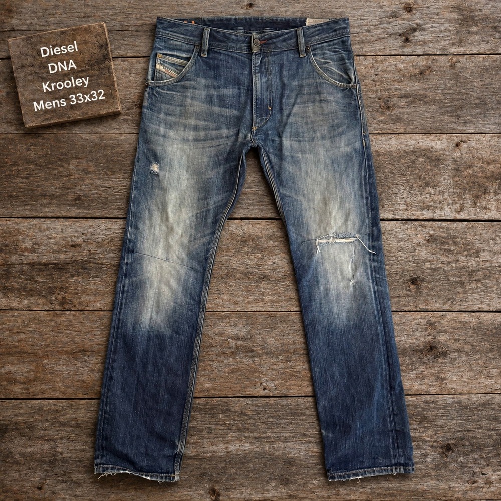 Diesel Krooley DNA Mens Jeans 33x32 Carrot Slim Distressed Blue Denim